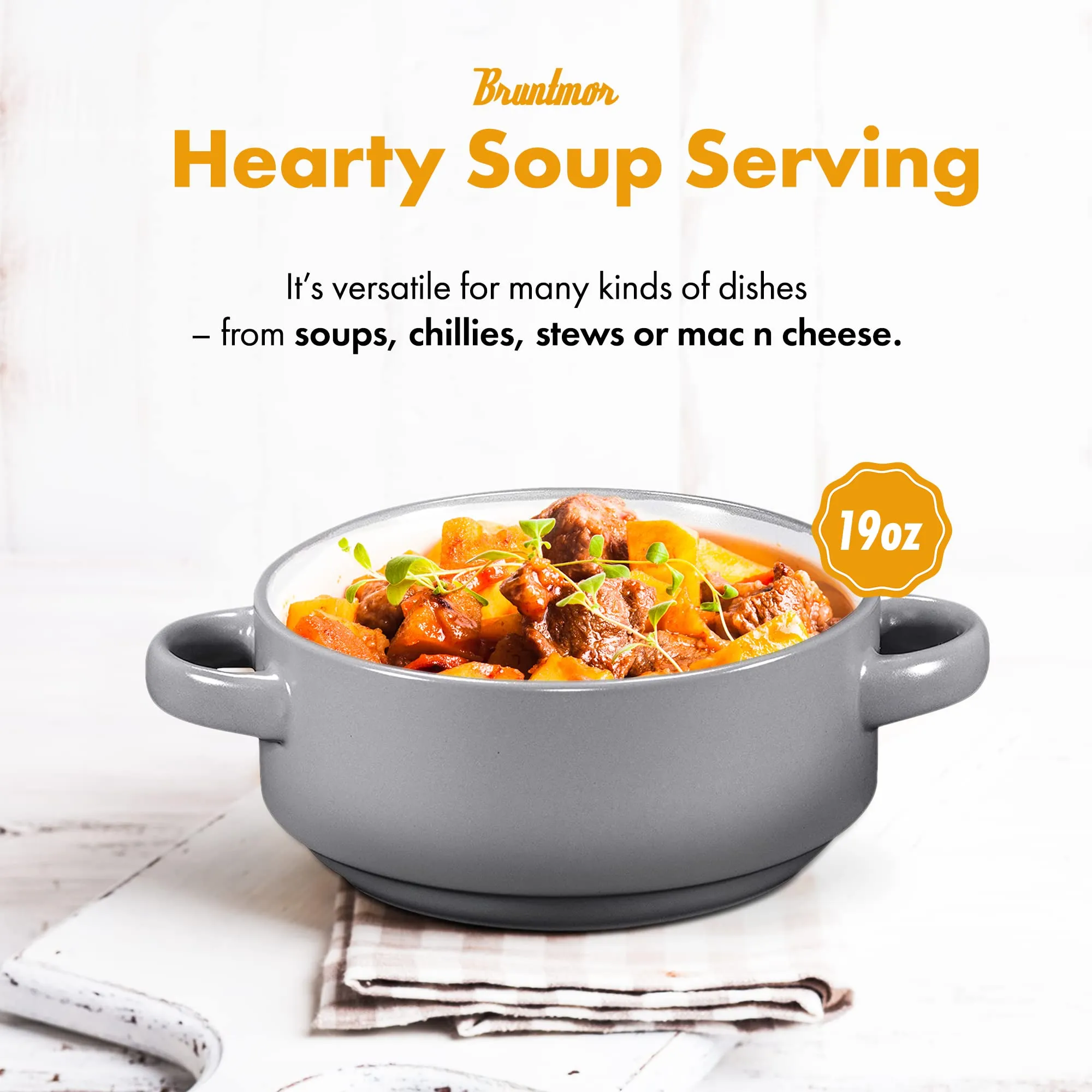 19oz Ceramic Soup Bowls with Handles - Oven Safe Bowls for French Onion Soup, Grey Oven