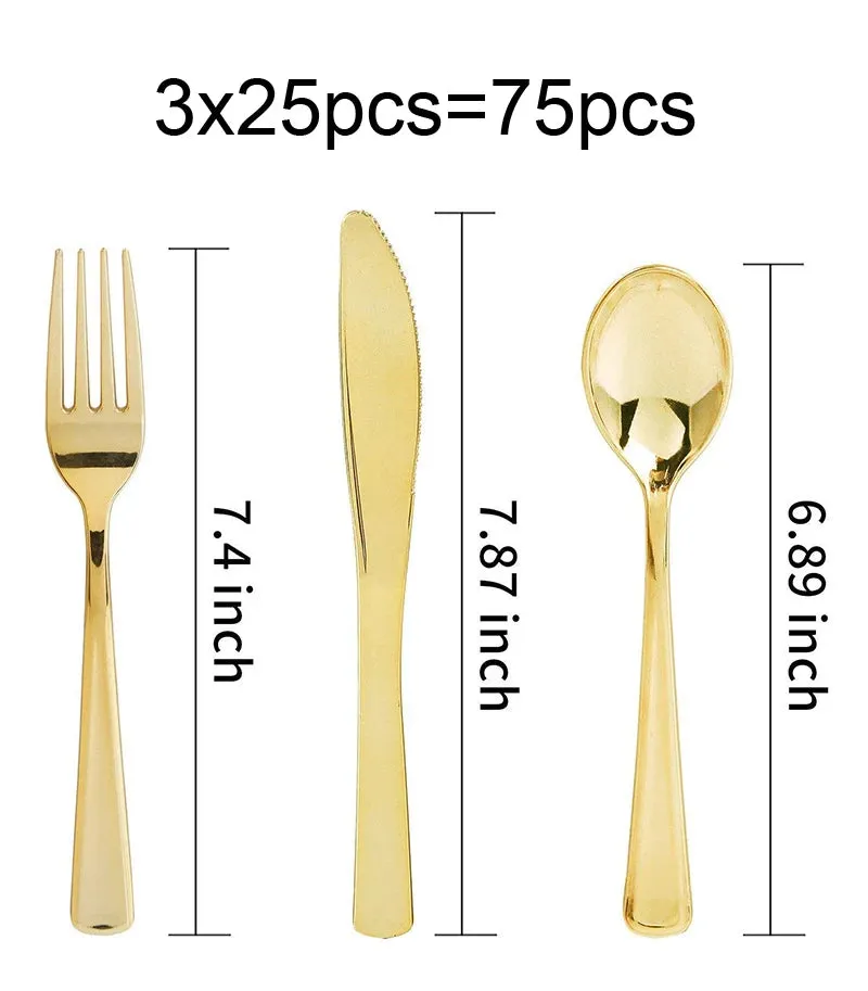 75 Pieces Gold Plastic Silverware Set