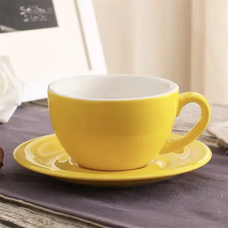 SINOTAO  -  200ml European Macaron Wide Mouth Cappuccino Coffee Cup with Saucer Set Creative Minimalist Colored Glaze Espresso Milk Mug